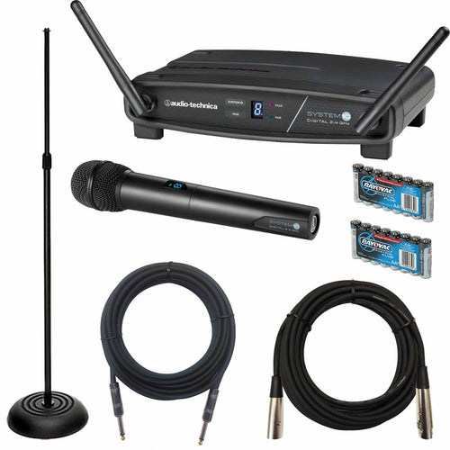 Collage of everything included with the Audio-Technica ATW-1102 Wireless Handheld Mic System STAGE RIG