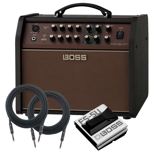 Boss Acoustic Singer Live LT bundle image with amp, footswitch, and two cables