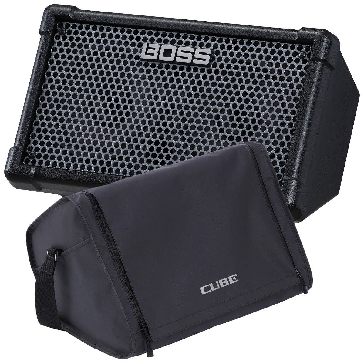 Collage image of the Boss Cube Street II Battery-Powered Stereo Amplifier - Black CARRY BAG KIT bundle