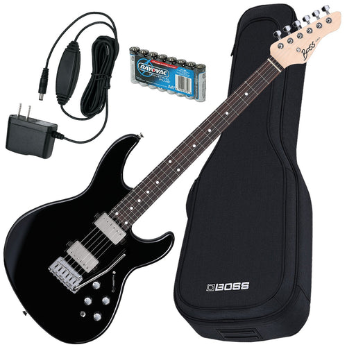 Collage image of the Boss Eurus GS-1 Electronic Guitar - Black POWER KIT bundle
