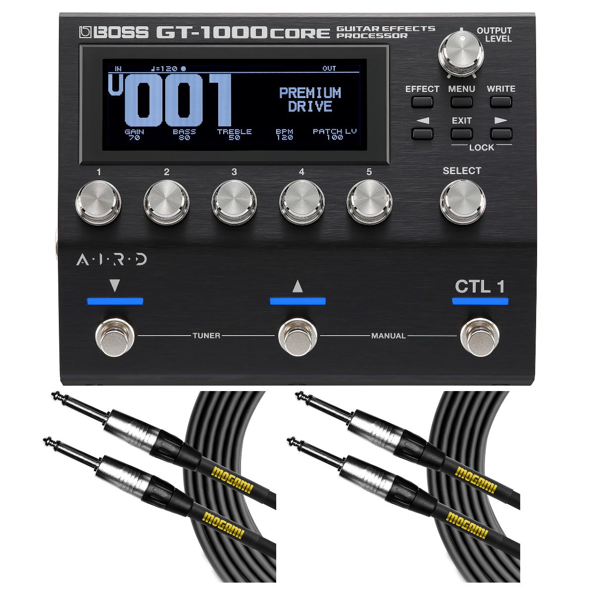 Collage image of the Boss GT1000CORE Guitar Processor CABLE KIT bundle