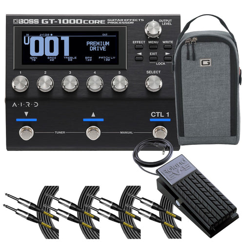 Collage image of the Boss GT1000CORE Guitar Processor STAGE RIG bundle