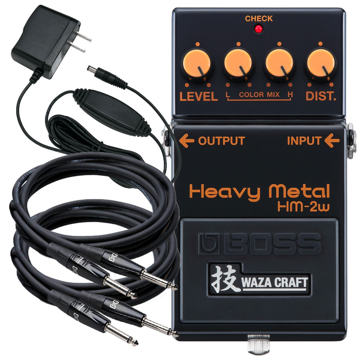 Collage image of the Boss HM-2W Heavy Metal Waza Craft Distortion Pedal POWER AND CABLE KIT bundle