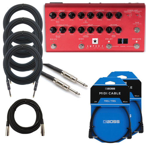 Collage image of the Blackstar Amped 2 100 Watt Floorboard Amp CABLE KIT