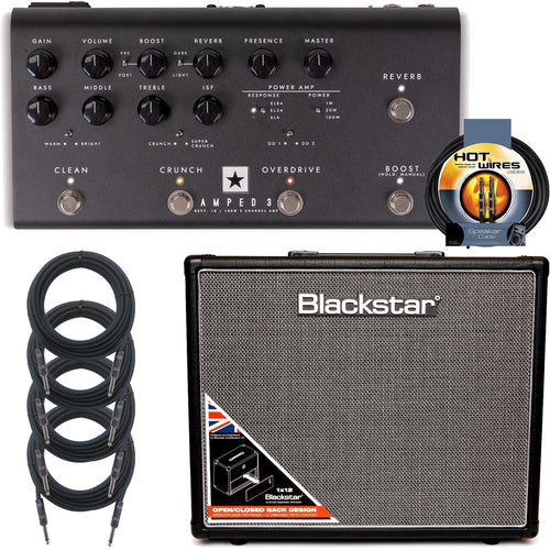Collage image of the Blackstar Amped 3 100 Watt Pedal Board Amplifier CAB BUNDLE