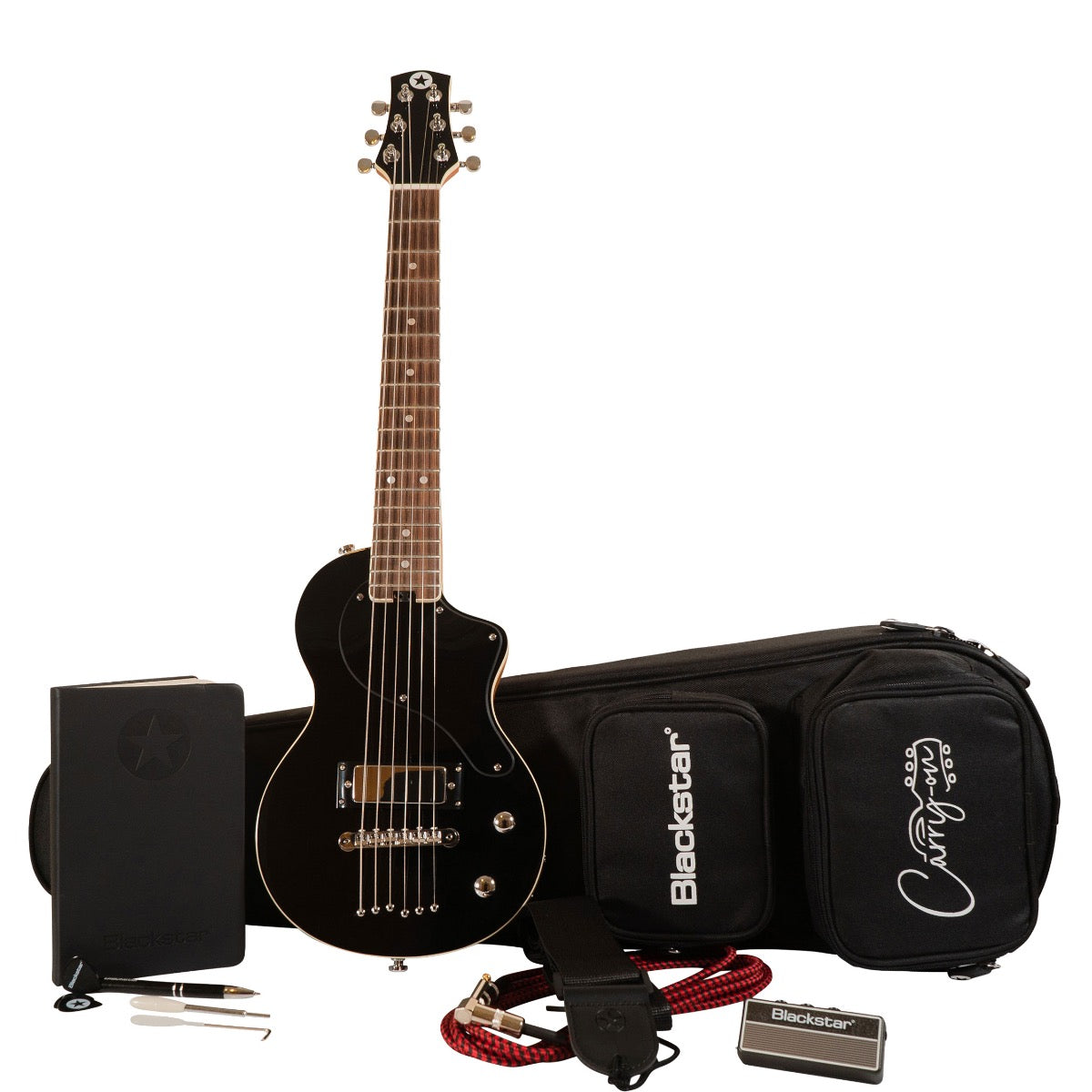 Collage image with components of Blackstar Carry-On Travel Guitar Standard Pack - Black