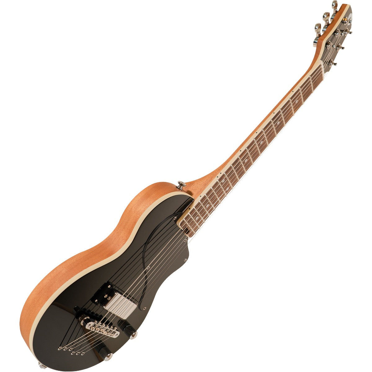 Perspective view of Blackstar Carry-On Travel Guitar - Black showing top and left side