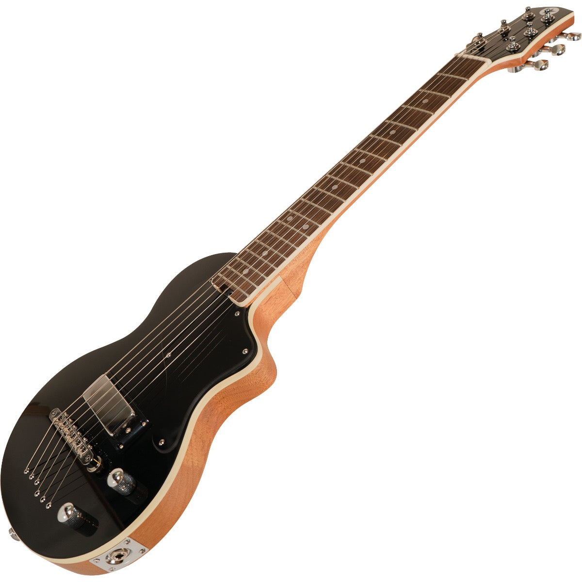 Perspective view of Blackstar Carry-On Travel Guitar - Black showing top and right side