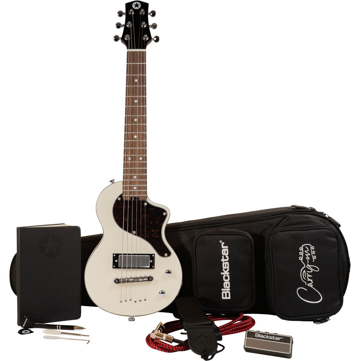 Collage image with components of Blackstar Carry-On Travel Guitar Standard Pack - White
