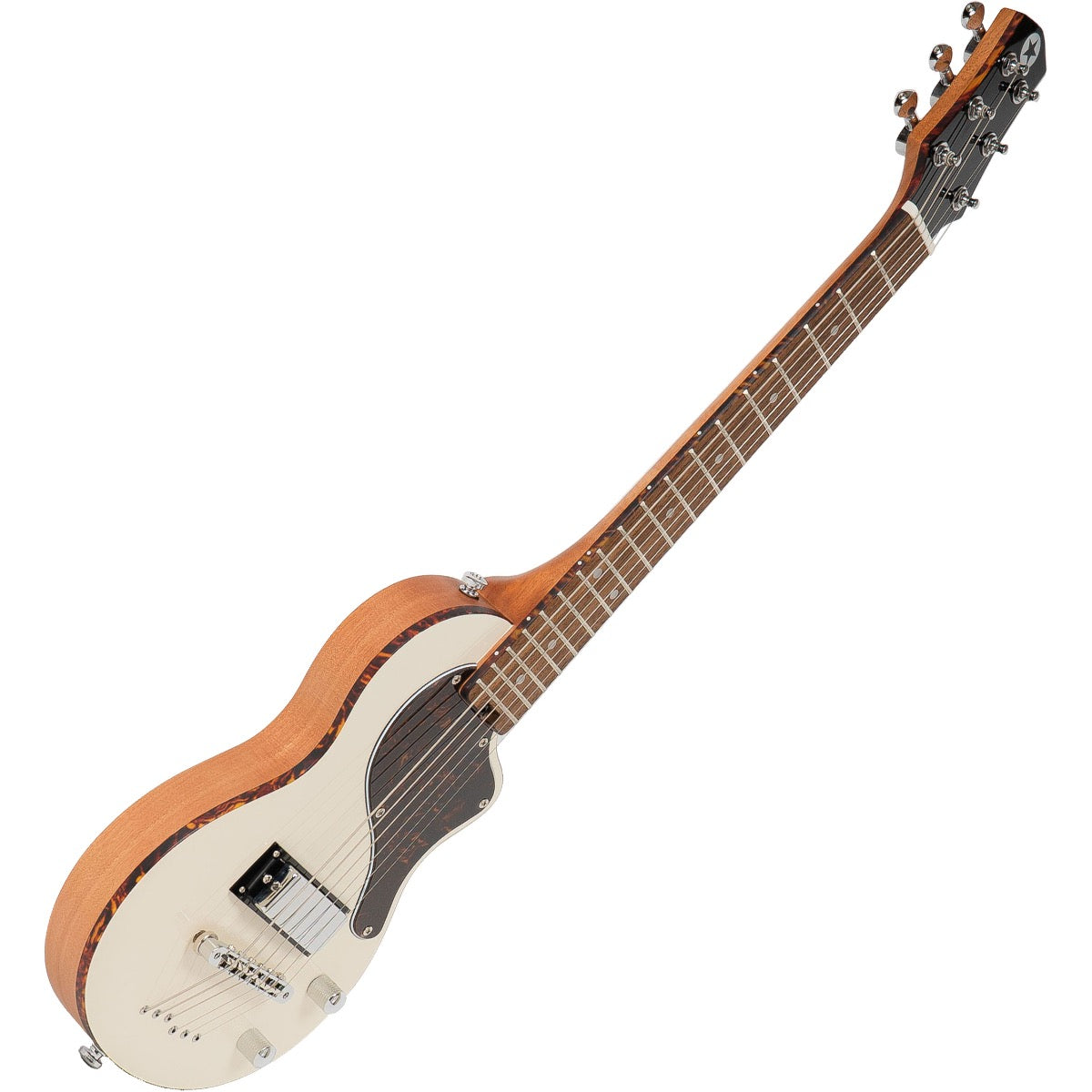 Perspective view of Blackstar Carry-On Travel Guitar - White showing top and left side