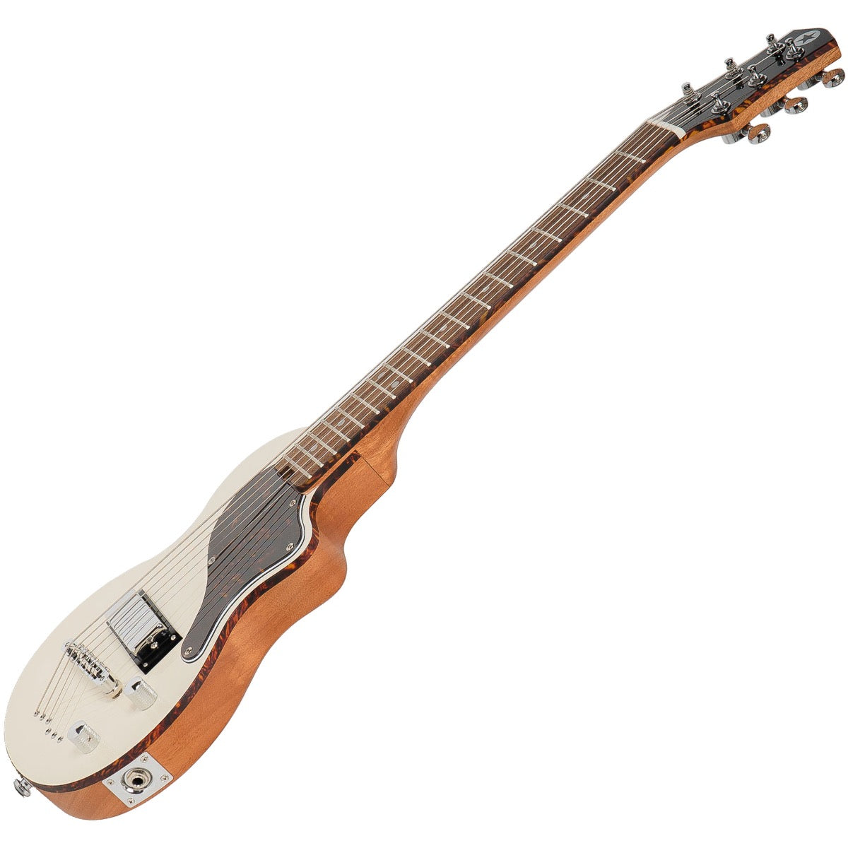 Perspective view of Blackstar Carry-On Travel Guitar - White showing top and right side