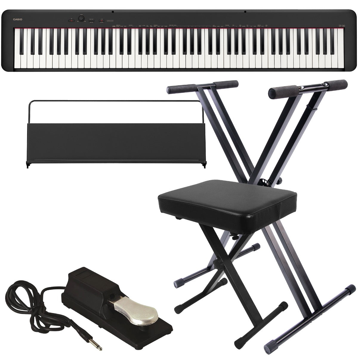 Collage of the components in the Casio CDP-S160 Compact Digital Piano - Black KEY ESSENTIALS BUNDLE