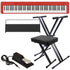 Collage of the Casio CDP-S160 Compact Digital Piano - Red KEY ESSENTIALS BUNDLE showing included components