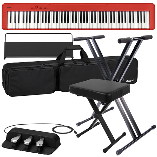 Collage of the Casio CDP-S160 Compact Digital Piano - Red STAGE ESSENTIALS BUNDLE showing included components