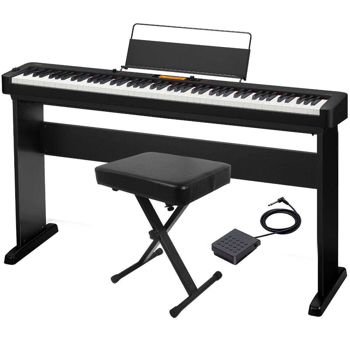 Collage of the components in the Casio CDP-S360 Compact Digital Piano - Black HOME ESSENTIALS BUNDLE