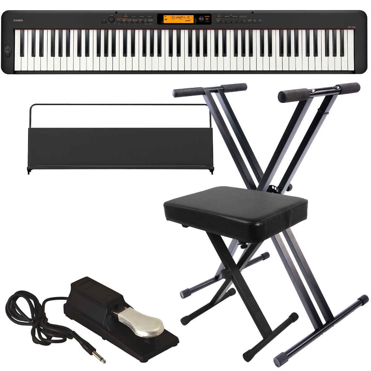 Collage of the components in the Casio CDP-S360 Compact Digital Piano - Black KEY ESSENTIALS BUNDLE