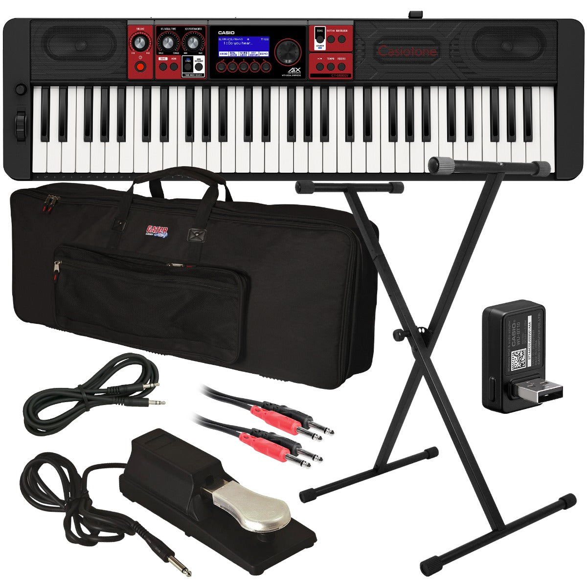Collage of the components in the Casio Casiotone CT-S1000V Portable Keyboard STAGE ESSENTIALS BUNDLE