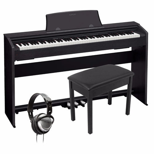 collage of items included in the Casio Privia PX-765 Digital Piano - Black HOME ESSENTIALS BUNDLE