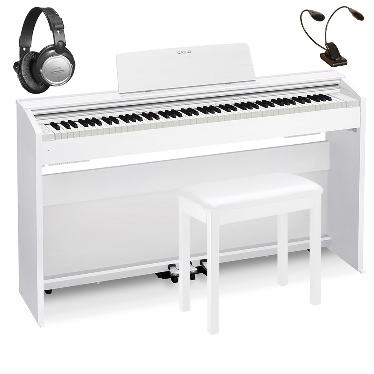 Collage of items in the Casio Privia PX-870 Digital Piano - White COMPLETE HOME BUNDLE