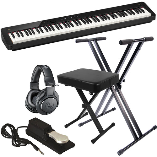 Collage of the Casio PX-S5000BK Digital Piano  - Black KEY ESSENTIALS BUNDLE showing included components