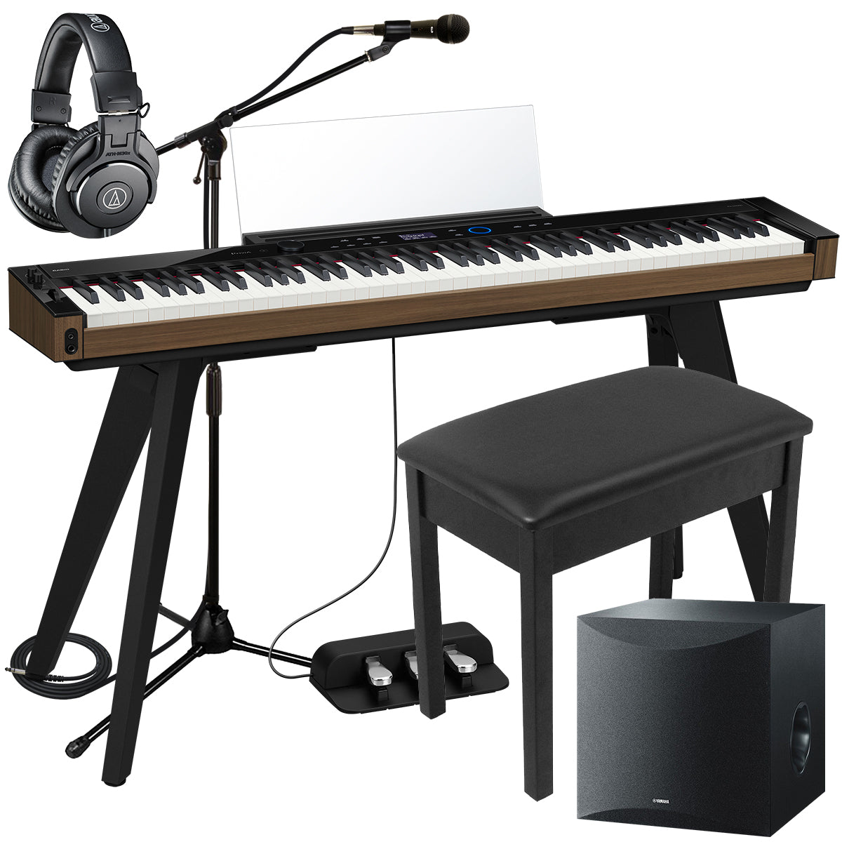 Collage of the Casio PX-S6000 Digital Piano - Black COMPLETE HOME BUNDLE PLUS SUBWOOFER showing included components