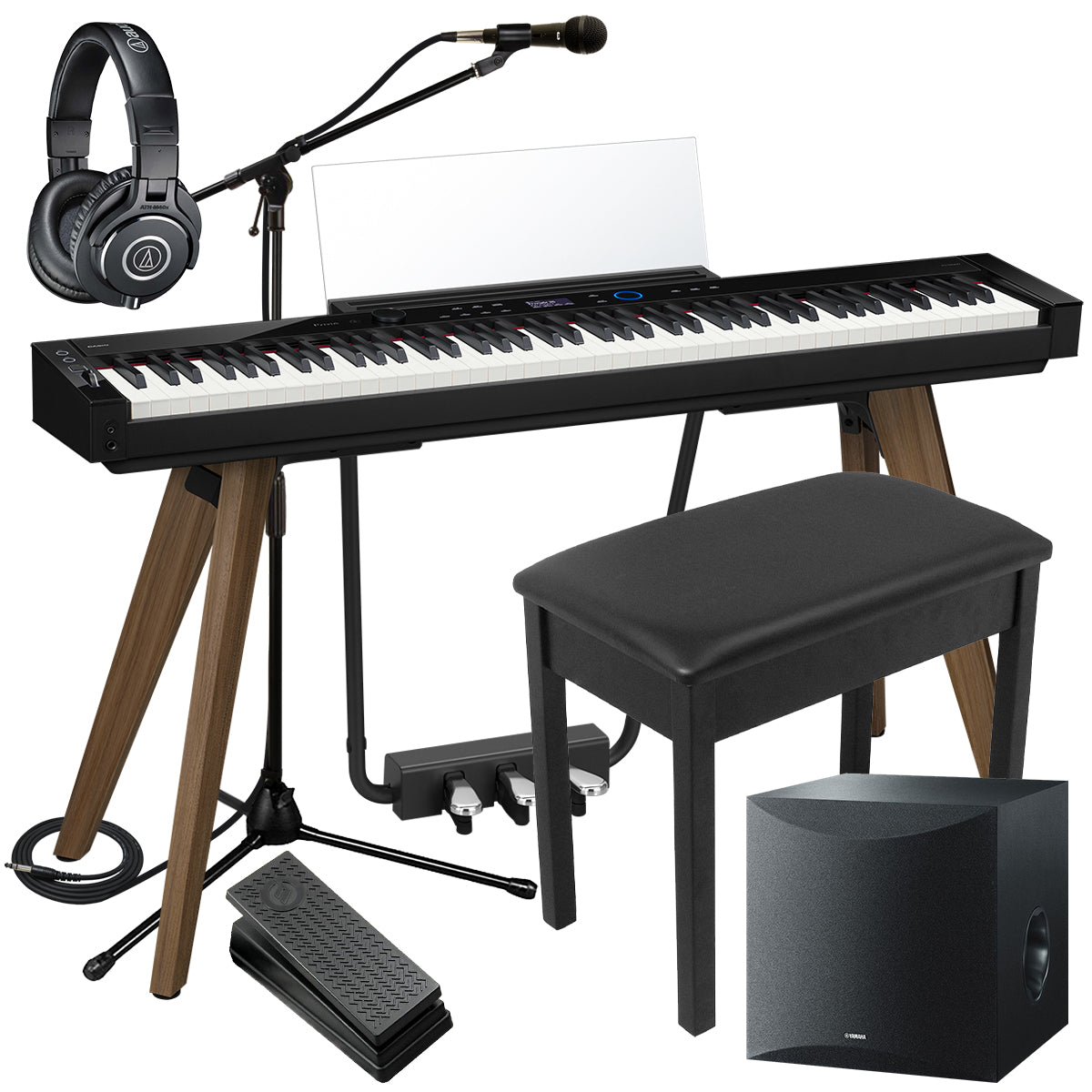 Collage of the Casio PX-S7000 Digital Piano - Black COMPLETE HOME BUNDLE PLUS showing included components