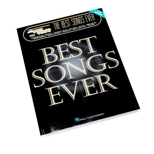 Hal Leonard's 'The Best Songs Ever' songbook cover, featuring a black background with metallic gold lettering and a teal 'New' badge, shown at an angle on a white background.