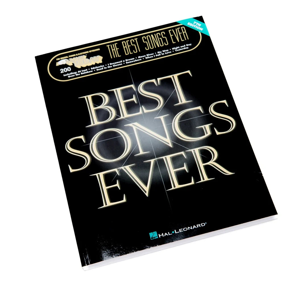 Hal Leonard's 'The Best Songs Ever' songbook cover, featuring a black background with metallic gold lettering and a teal 'New' badge, shown at an angle on a white background.
