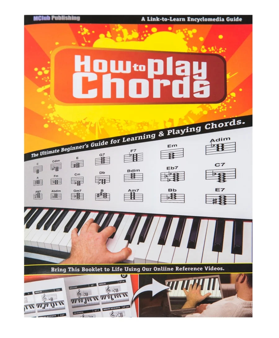 Front cover of the book or booklet titled "How to Play Chords" by Mclub Publishing, showing a bright orange and yellow design, piano keys, sheet music examples, and a hand pressing keys. On the bottom it says "Bring this Book to life using Our Online Reference Videos"