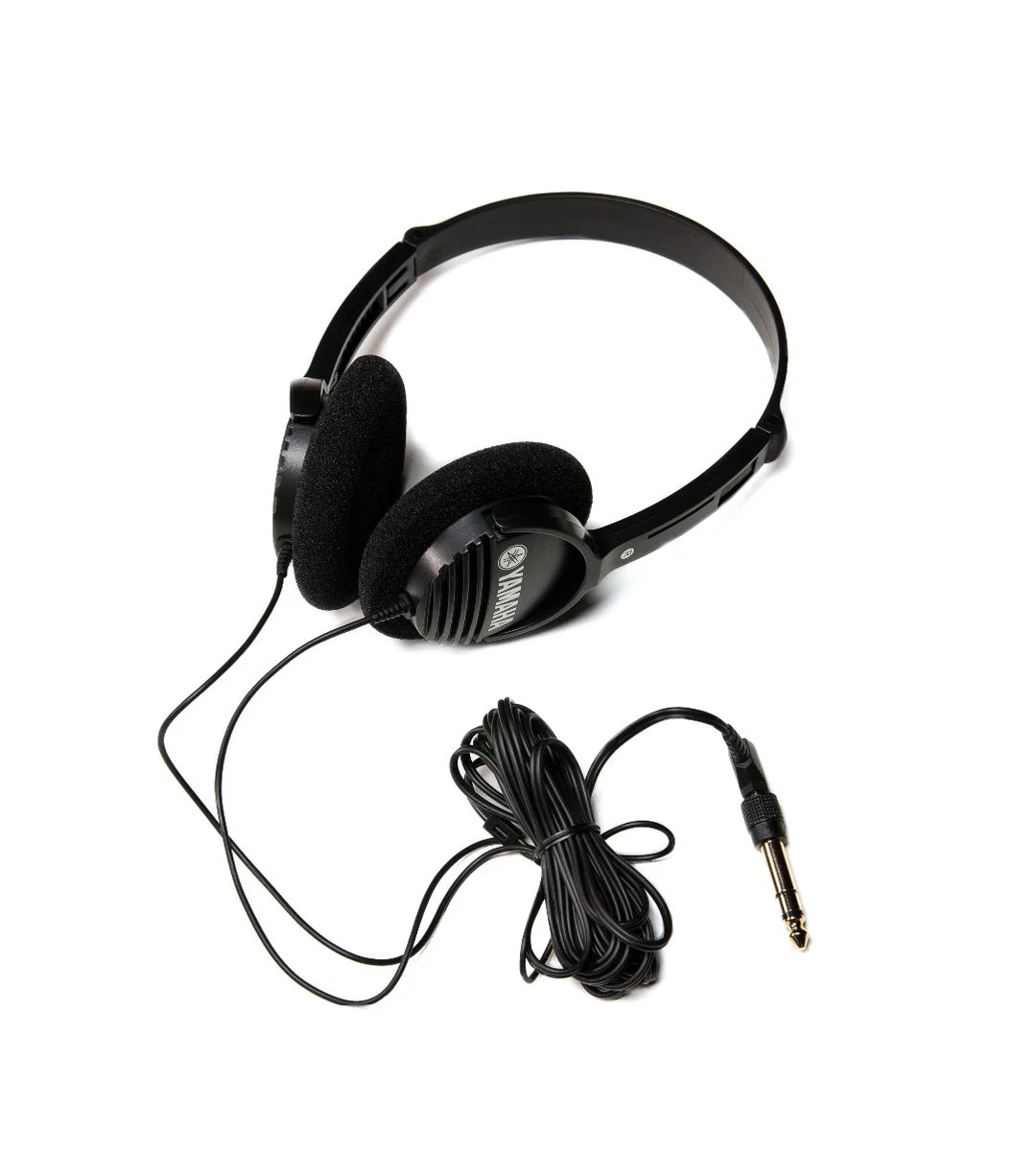 Black over-ear wired headphones with a coiled cable and a gold-plated 1/4-inch jack, shown on a plain white background.