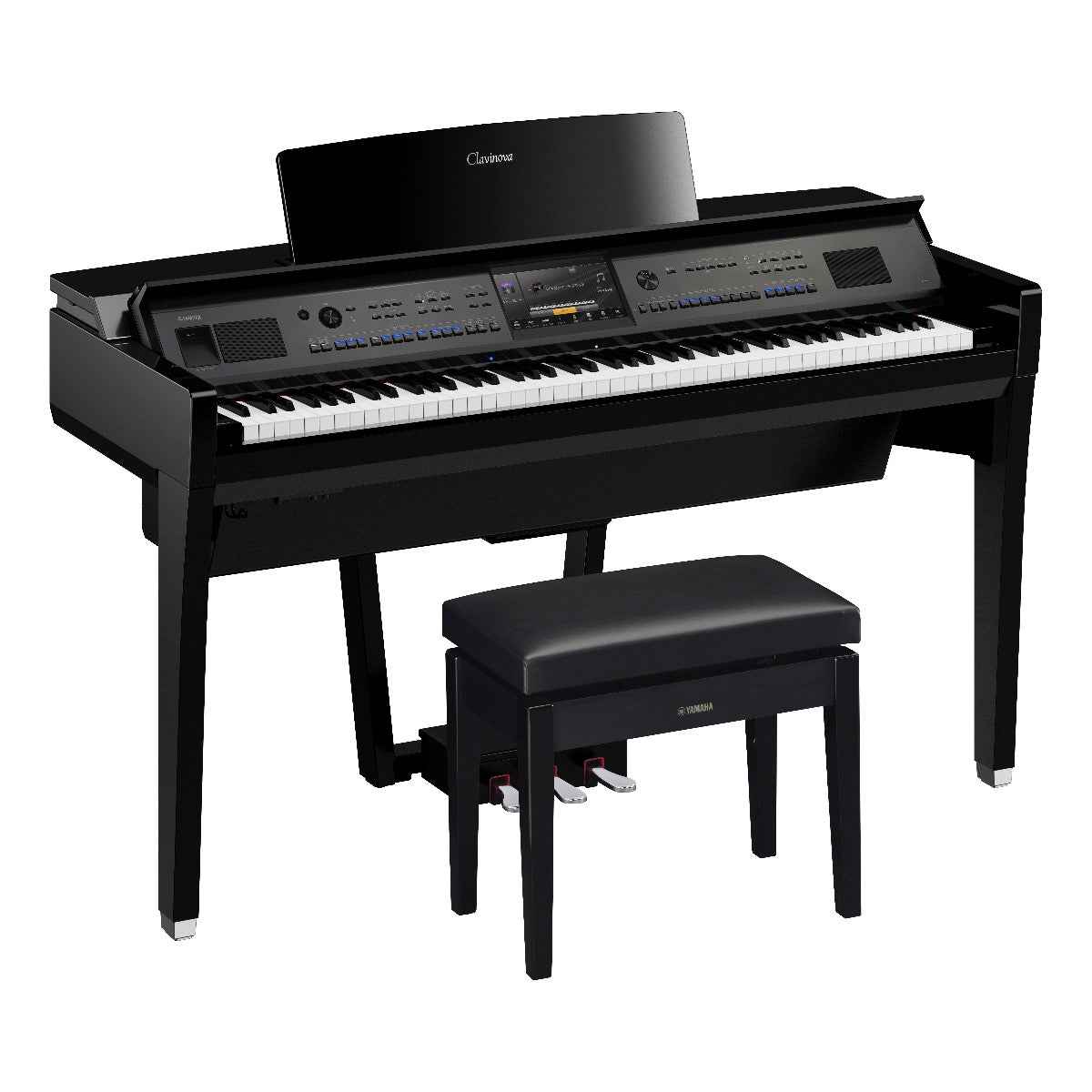 Yamaha Clavinova CVP-909 Digital Piano - Polished Ebony - Right angle with bench