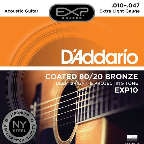 D'Addario EXP10 Coated 80/20 Bronze Acoustic Guitar Strings  - Extra Light - 10-47