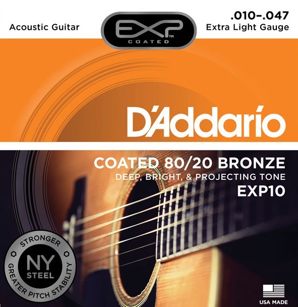 D'Addario EXP10 Coated 80/20 Bronze Acoustic Guitar Strings  - Extra Light - 10-47