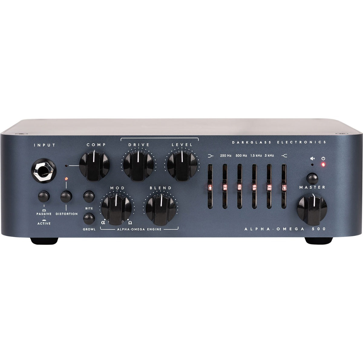 Perspective view of Darkglass Alpha Omega 500 Bass Amp Head showing front and top