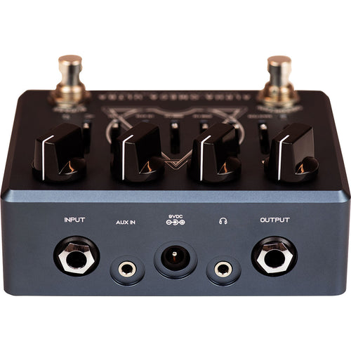 Perspective view of Darkglass Alpha Omega Ultra v2 (Aux-In) Bass Preamp Pedal showing rear and top
