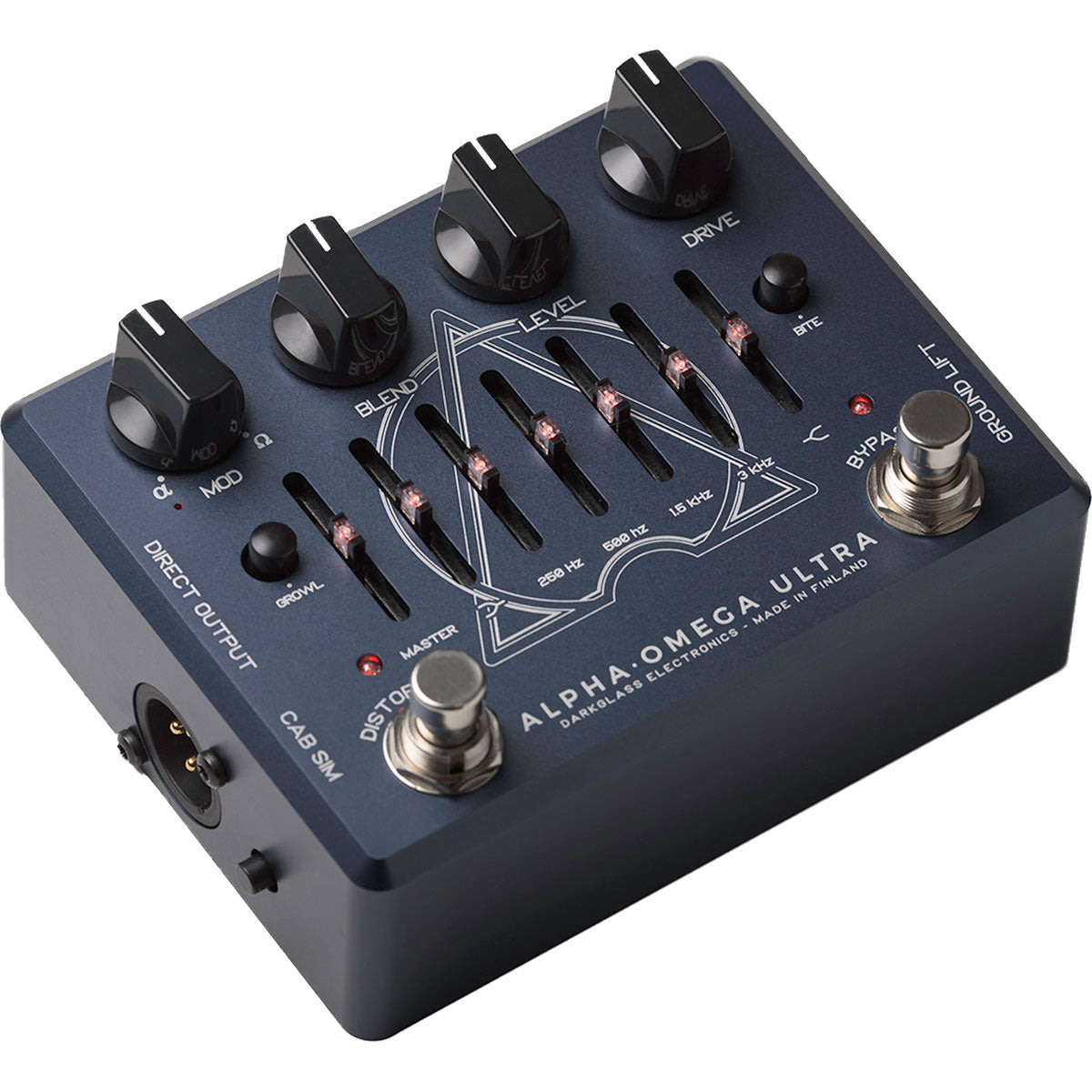 3/4 view of Darkglass Alpha Omega Ultra v2 (Aux-In) Bass Preamp Pedal showing top, front and left side