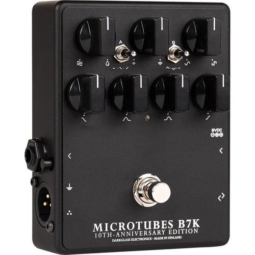 Perspective view of Darkglass Microtubes B7K 10th Anniversary Edition Bass Preamp Pedal showing top and left side
