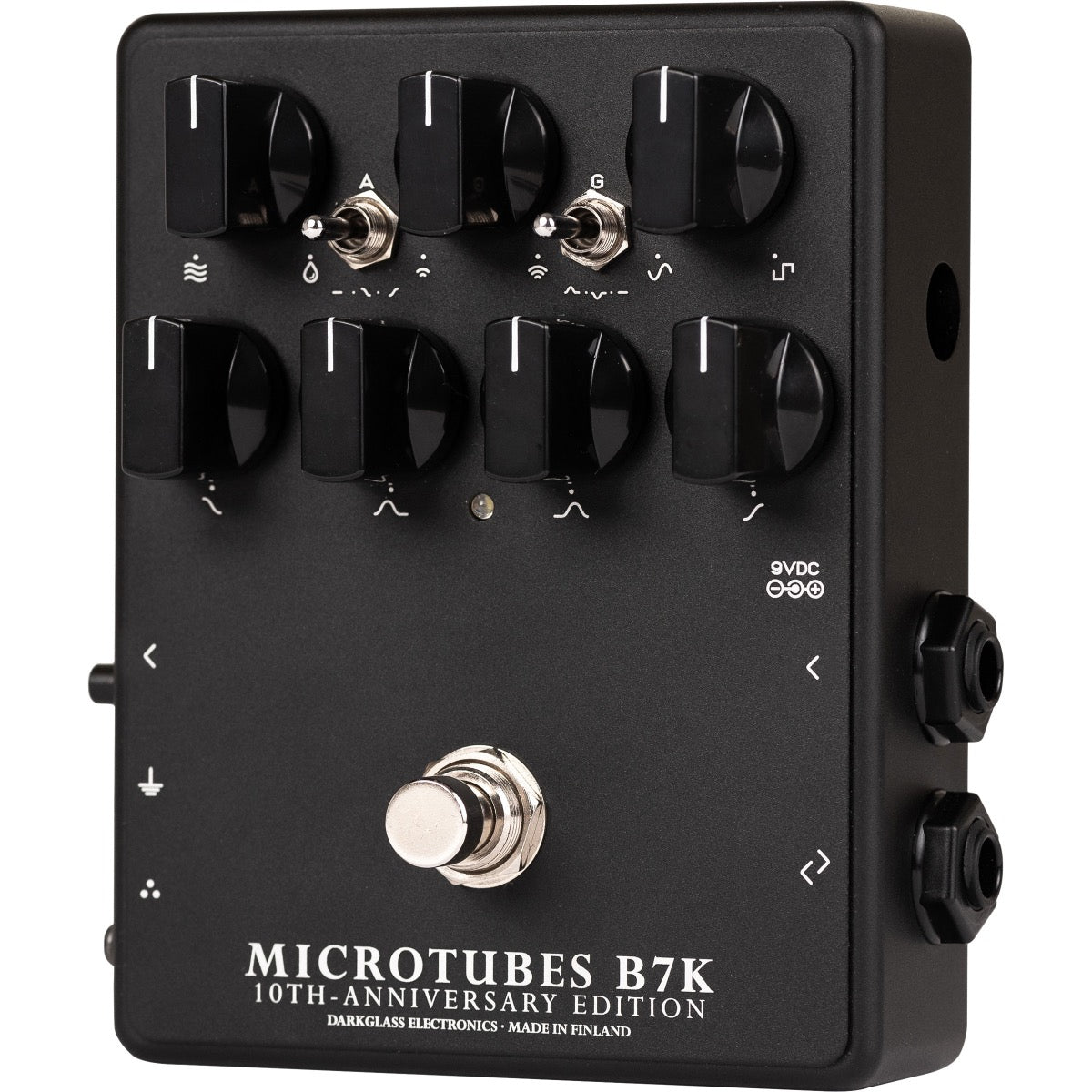 Perspective view of Darkglass Microtubes B7K 10th Anniversary Edition Bass Preamp Pedal showing top and right side