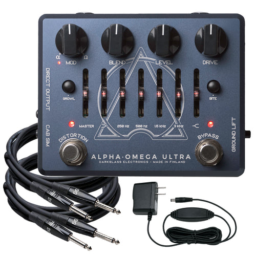 Collage image of the Darkglass Alpha Omega Ultra V2 Bass Pedal POWER AND CABLE KIT