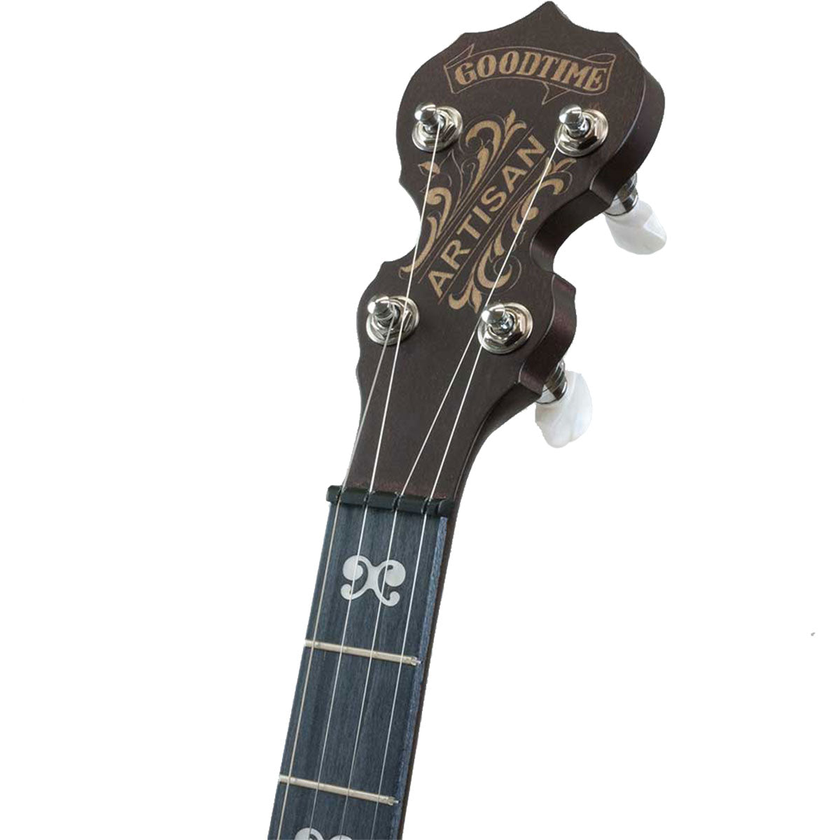 Detail image of Deering Artisan Goodtime Two 5-String Banjo with Resonator showing top of headstock and portion of fretboard