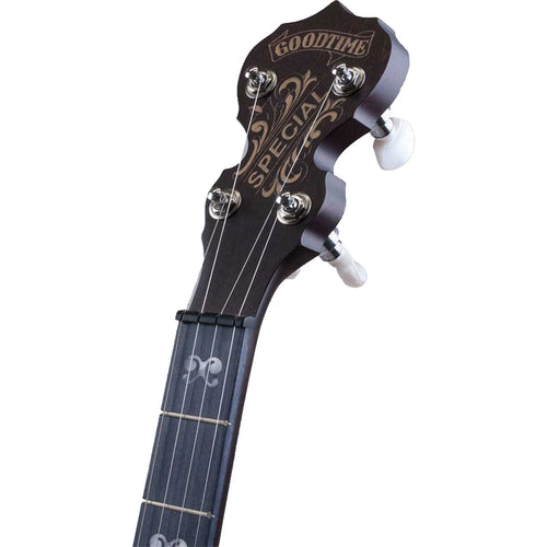 Detail image of Deering Artisan Goodtime Special 5-String Banjo with Resonator showing top of headstock and portion of fretboard