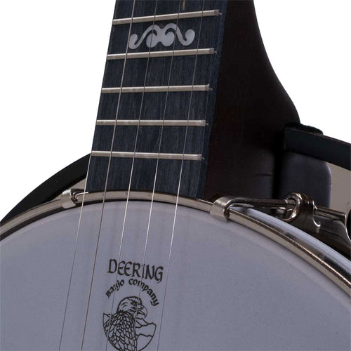 Detail top view of Deering Artisan Goodtime Special 5-String Banjo with Resonator showing intersection of neck and body