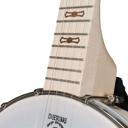 Detail top view of Deering Goodtime Openback 5-String Banjo showing intersection of body and fingerboard