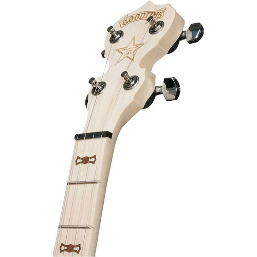 Detail image of Deering Goodtime Openback 5-String Banjo showing top of headstock and portion of fingerboard