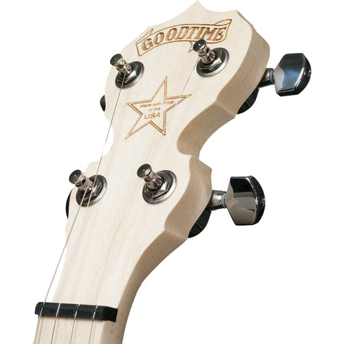 Detail image of Deering Goodtime Openback 5-String Banjo showing top of headstock