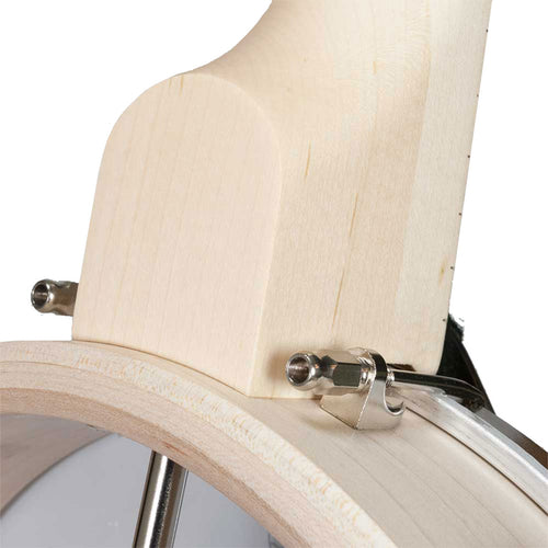 Detail back view of Deering Goodtime Openback 5-String Banjo showing neck heel and portion of body