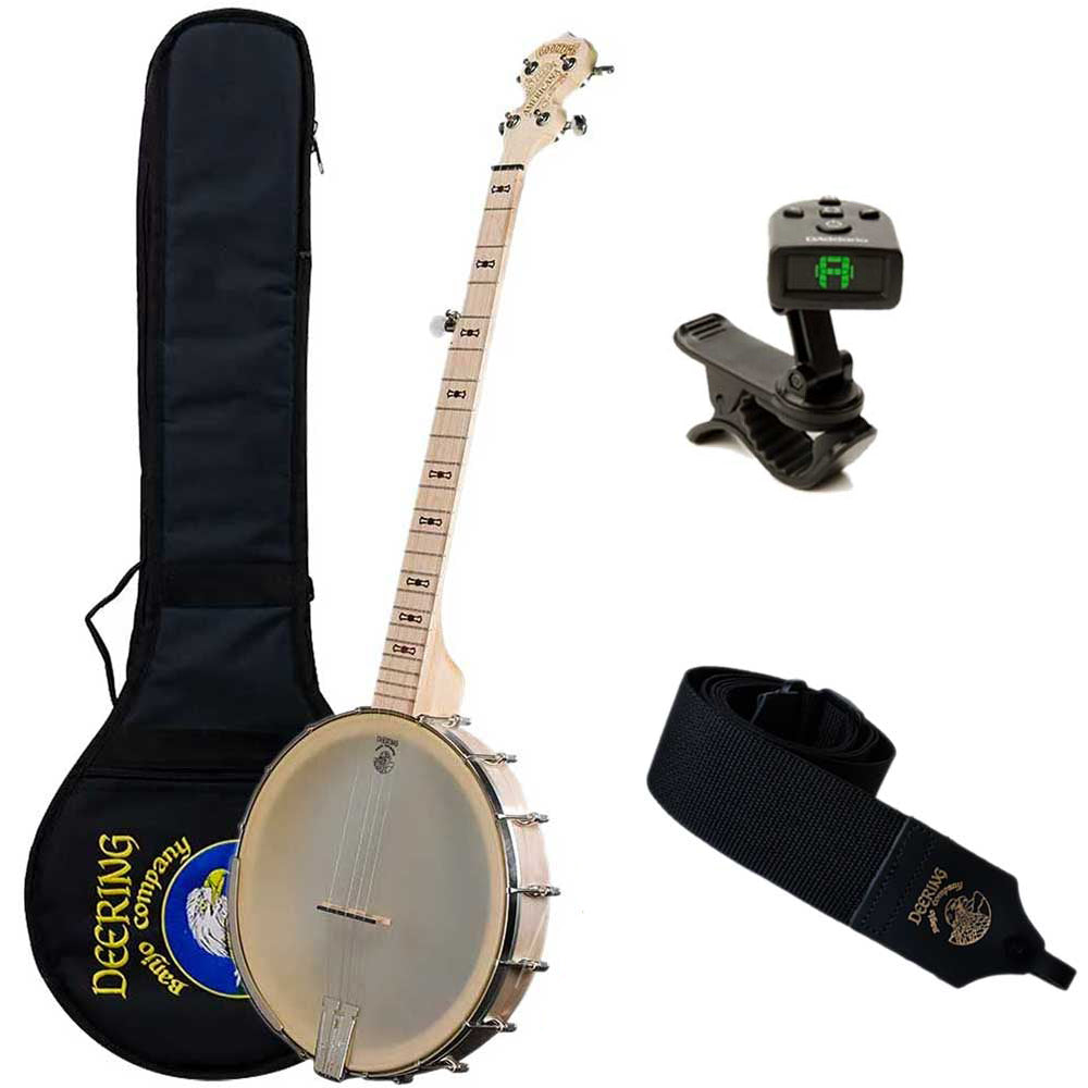 Collage of items in Deering Goodtime Old Time Beginner Banjo Package 