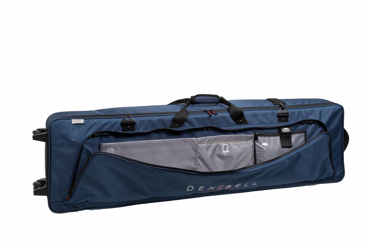 View of Dexibell DX BAGS9S7PRO 88-Key Padded Keyboard Case with Wheels showing side pocket open