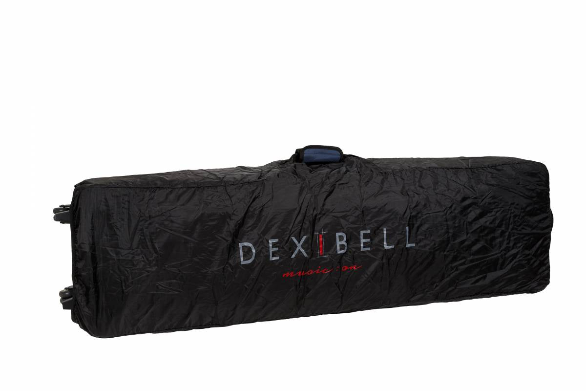View of Dexibell DX BAG73 PRO 73-Key Padded Keyboard Case with Wheels with rain cover on
