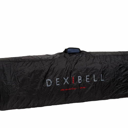 View of Dexibell DX BAGS9S7PRO 88-Key Padded Keyboard Case with Wheels with rain cover on
